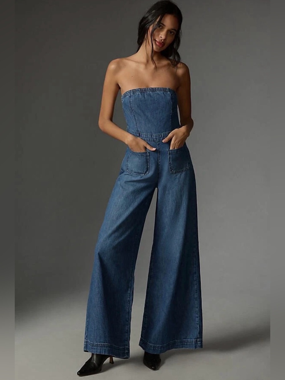 Pilcro Strapless Wide-Leg Denim Jumpsuit in Dark Blue
